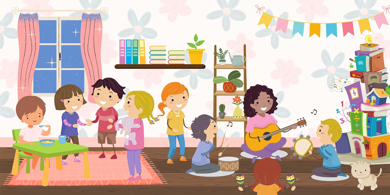 Kolorowa ilustracja przedstawiająca dzieci bawiące się w żłobku